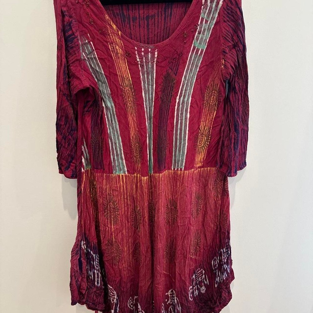 Shoreline Women's Burgundy Tie Die 3/4 Sleeve Festival Hippie Dress Free Size